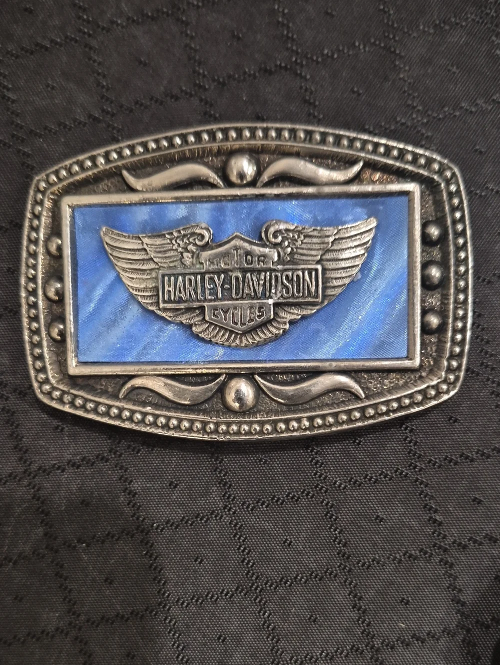 Vintage Harley-Davidson Silver Buckle with Blue Enamel Inlay